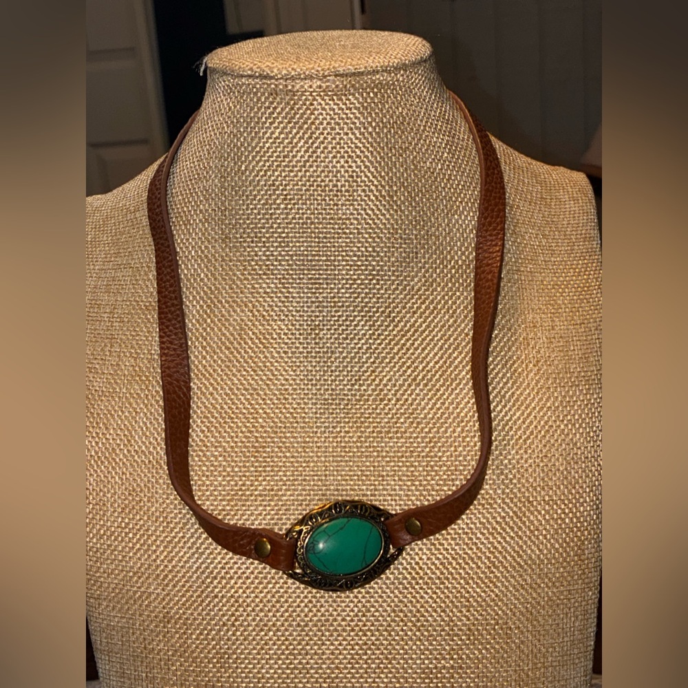 Brown Leather Necklace with Turquoise Stone